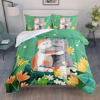 Datura home Cute Cat Kids Comforter Bedding Set for Boys Girls, Watercolor Cat Forest Rabbit and Flower Print Comforter with 2 Pillowcases(Cute Cat Queen)