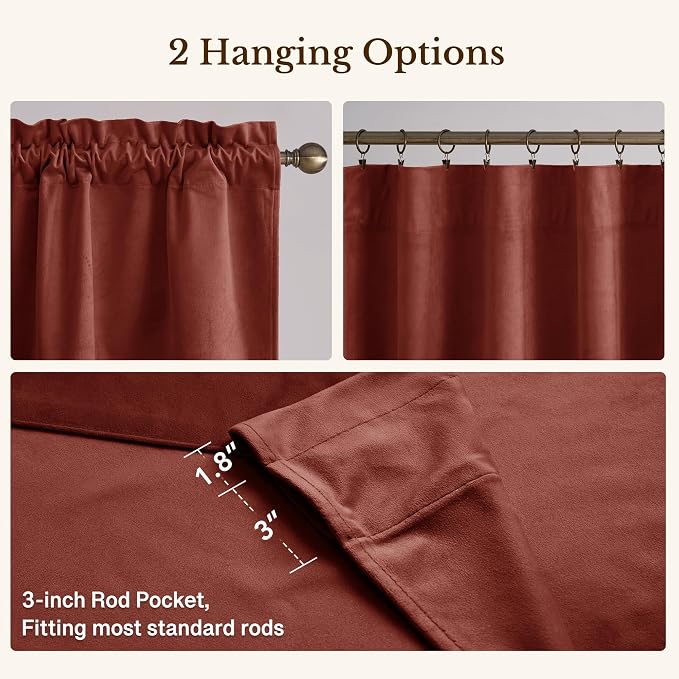 Rust Classic Velvet Valance 52x18 Inch 1 Panel | Earth Tone Wavy Kitchen Curtains, Vintage Window Treatment for Living Room, Bathroom, Small Windows, Christmas Decor