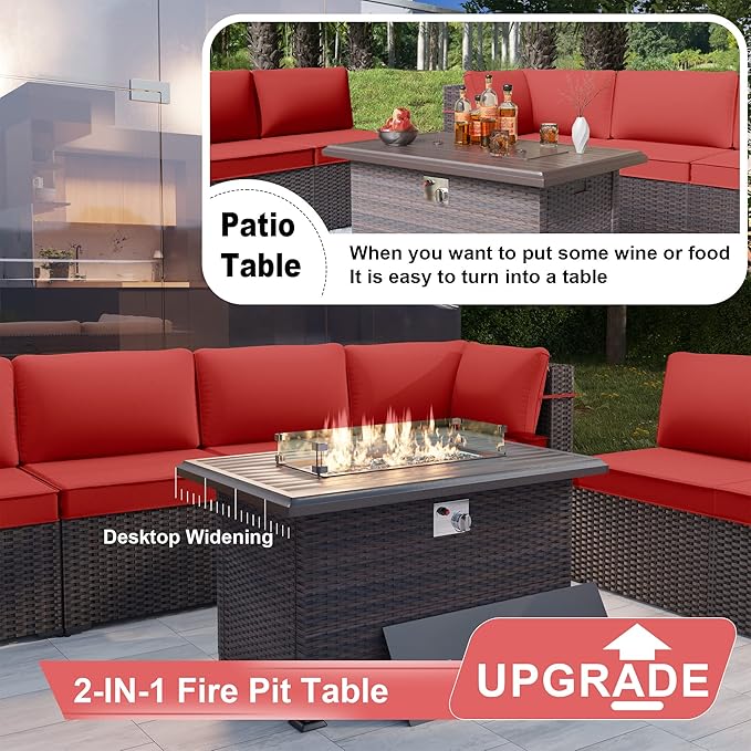 Patio Furniture Set with Fire Pit Table 15 PCS Outdoor Sectional Furniture Outdoor Rattan Patio Conversation Sets with 43in 55,000 BTU Propane Gas Fire Pit Table Glass Table, Red