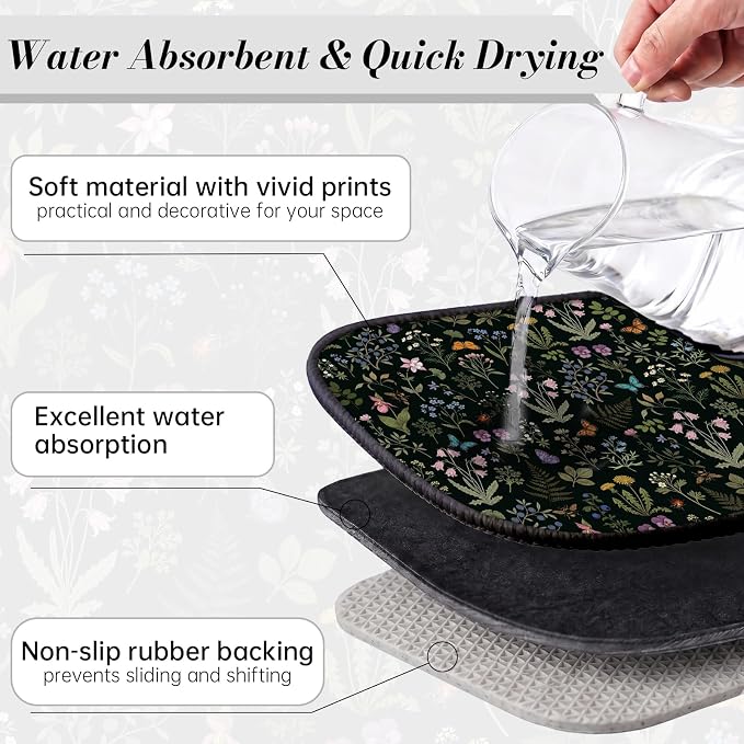 Forest Aesthetics Dish Drying Mat for Kitchen Counter Coffee Bar 18x24 in | Decorative Non Slip Absorbent Kitchen Dishes Drainer Mat, with Anti-slip Rubber Backing & Hanging Loop, for Sink, Home Gift