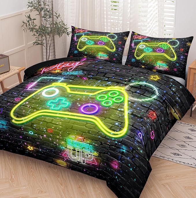 NINENINE Gamer Bedding Sets Twin Comforter Sets for Boys 5PCS,Twin Bedding Sets for Boys,Kids Comforter Sets Boys(1Comforter, 1Flat Sheet, 1Fitted Sheet, 2Pillowcases)