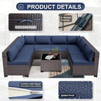 Patio Furniture Set 9-Pieces Outdoor Furniture for Backyard Wicker Sectional Sofa Set, Rattan Patio Conversation Set with Thickened Cushions and Glass Coffee Table, Navy Blue