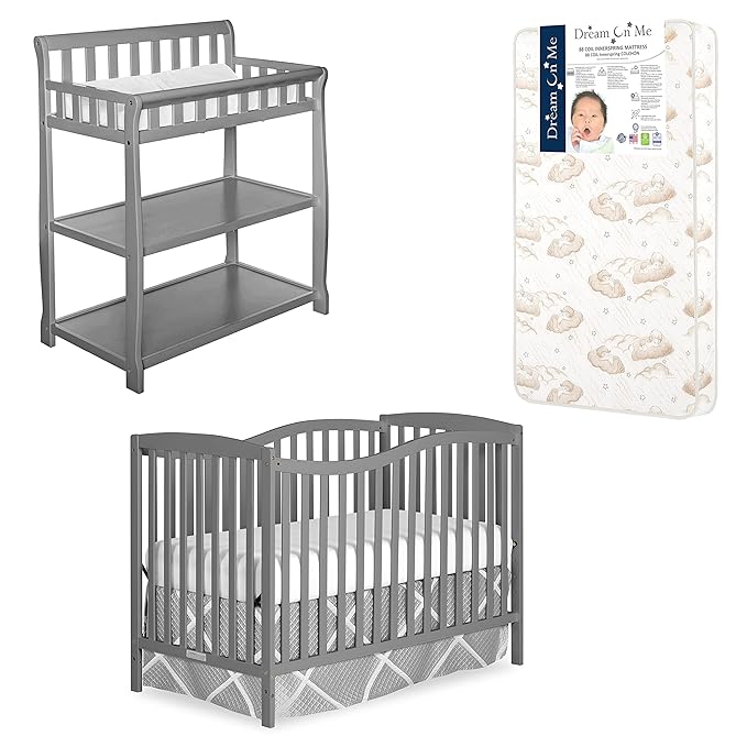 Nursery Essentials Bundle of Dream On Me Chelsea 5-in-1 Convertible Crib, Dream On Me Ashton Changing-table, with a Dream On Me Twilight 5” 88 Coil Inner Spring Crib and Toddler Mattress