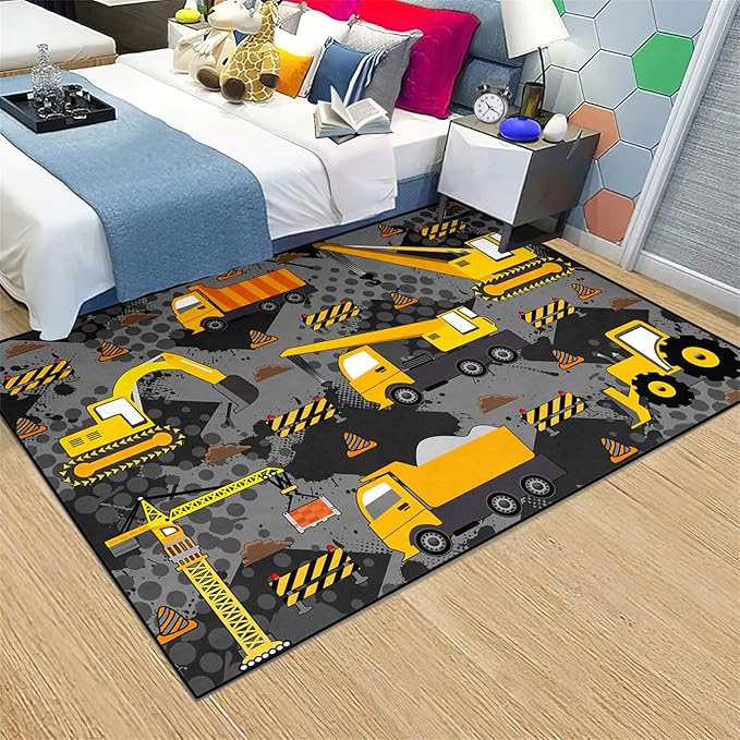 Construction Rugs for Boys Room Play Rug for Cars and Trucks Car Rug Play Mat Kids Rugs for Playroom Car Rug for Boys Room Construction Decor for Boys Room,Grey 3'×5'