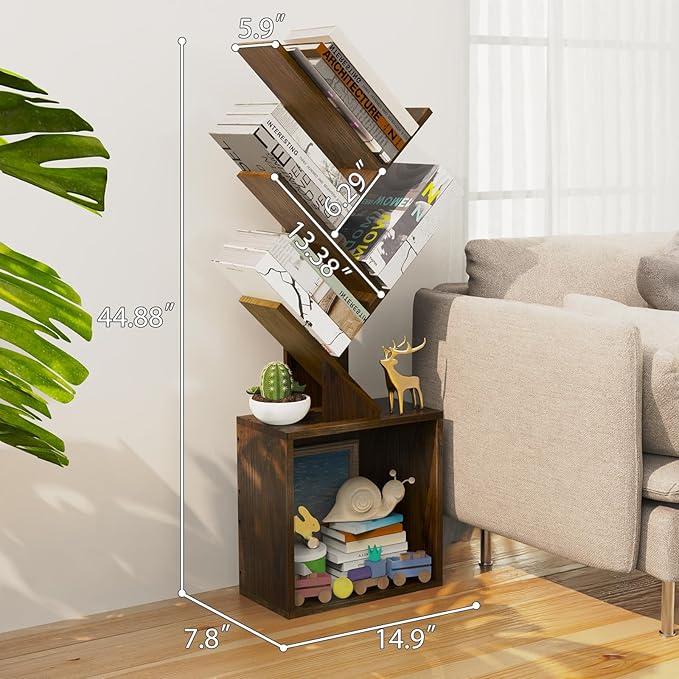 Ochine Tree Bookshelf, 5 Tier Small Bookcase with Large Drawer, Tall Wood Narrow Bookshelves Organizer for CDs/Movies/Books, Floor Standing Book Shelf for Bedroom, Living Room, Home Office