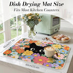 Black Cat Floral Dish Drying Mat for Kitchen Counter Coffee Bar 18x24 in | Non Slip Absorbent Kitchen Dishes Drainer Mat, with Anti-slip Rubber Backing & Hanging Loop, Decor for Sink, Cat Theme Gifts