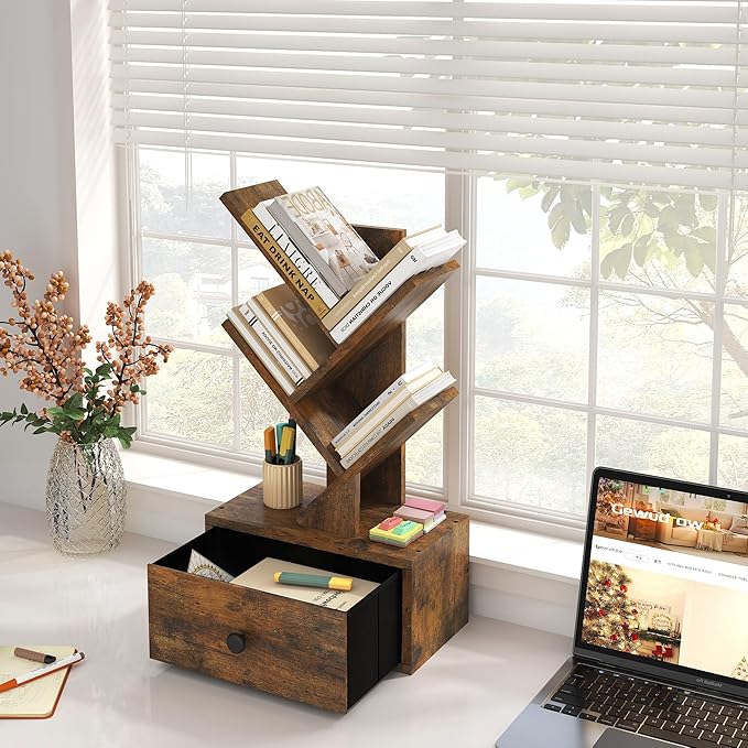 4 Tier Tree Bookshelf with Drawer, Small Tree Bookcase, Table Top Book Shelf Organizer Shelves for Living Room, Bedroom, Home Office, Rustic Brown