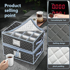 Mug and Cup Storage Box with Dividers - 2 Pack China Storage Bin Containers Holds 24 Glassware, Stackable Coffee Mug Organizer Bin and Tea Cup with 2 Metal Zipper,Label and Handles (Grey)
