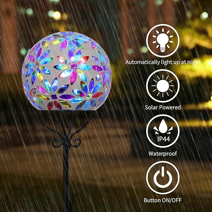 VCUTEKA Solar Outdoor Lights Garden Decor Mosaic Solar Garden Lights Waterproof Glass Ball LED Pathway Stake Light for Landscape Lawn Patio Yard Decoration 6 inch, Multi