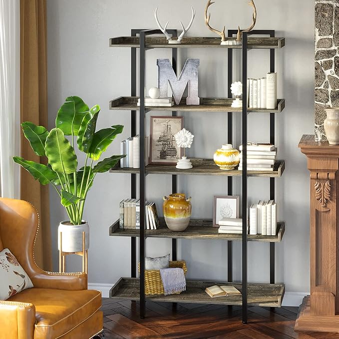 Rolanstar Book Shelf 5-Tier, 71.8’’H Tall Bookshelf for Home Office, Open Wood Display Shelves, Large Standing Bookcase with Metal for Living Room, Industrial Corner Bookshelf Grey