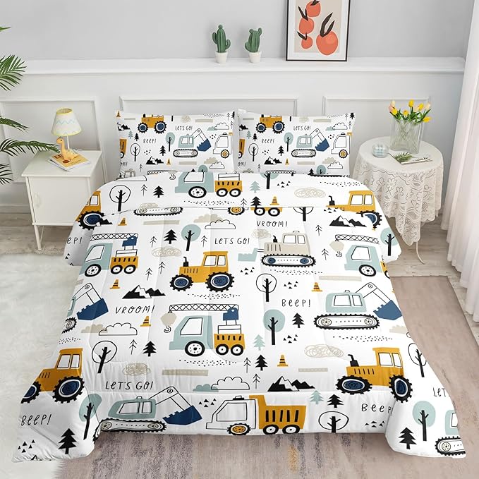 Kids Cartoon Excavator Bedding Comforter Sets for Boy and Girls,Construction Truck Bulldozer Tree Pattern Comforter Set with 2 Pillowcase and 1 Comforter(Excavator Twin)