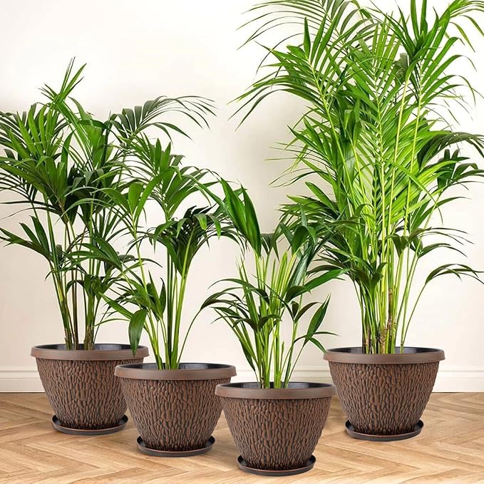 4 Pack 10 Inch Plant Pot, Flower Pots Outdoor with Drainage Hole & Tray, Thickened Plastic Planters for Indoor Outdoor Plants, Lightweight Modern Decorative Garden Pot with Saucer