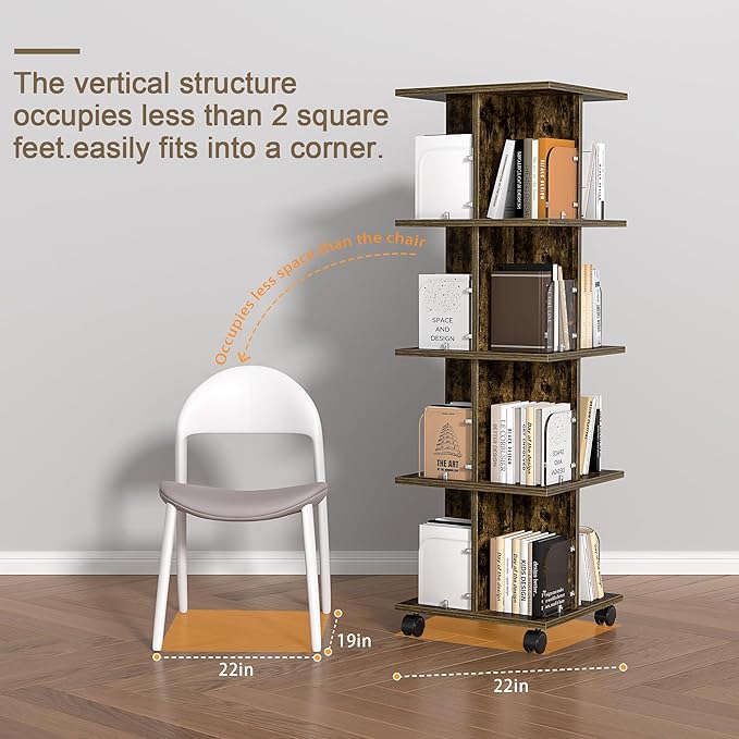 VECELO Rotating Bookshelf with Brake Wheels, 360°Display 4 Tier Floor Stackable Spinning-Bookshelf Tower for Kids&Adults, Revolving Bookcase for Small Space,Corner(Brown)