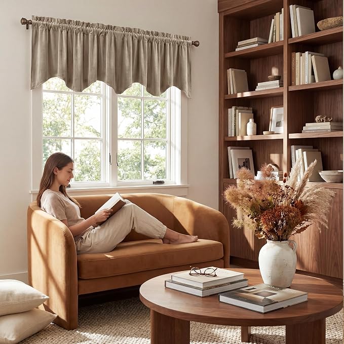 Camel Beige Scalloped Valance Curtains 52x18 Inch 1 Panel | Premium Velvet Wavy Short Curtains for Kitchen Windows, Neutral Home Decor Window Treatment for Farmhouse