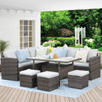 7 Piece Wicker Rattan Outdoor Dining Set with Dining Table and Ottomans, Patio Table and Chairs Set
