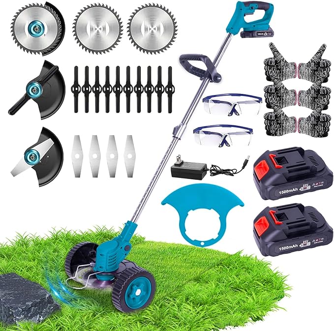 Weed Wacker Cordless Adjustable Weed Eaters 3 in 1 Electric String Trimmer Lawn with Two Battery with Charger Comes with Multiple Blades for Yard,Green,Garden(Blue)