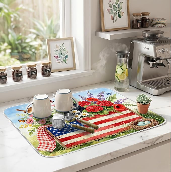 Patriotic Cats Dish Drying Mat for Kitchen Counter Coffee Bar 18x24 in | Decorative Non Slip Absorbent Kitchen Dishes Drainer Mat, with Anti-slip Rubber Backing & Hanging Loop, for Sink, Home Gift
