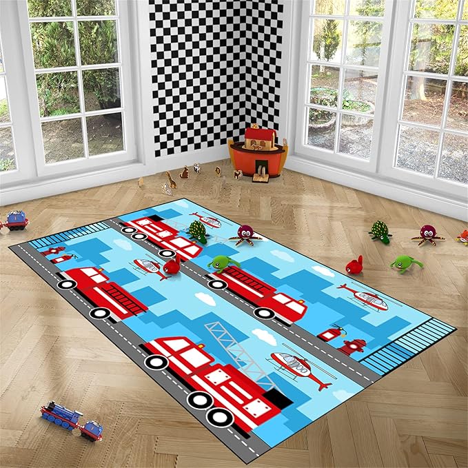 Car Rug Play Mat Car Rug Play Mat Car Rug for Boys Room Fire Fighting Truck Red Car Printed Rug Play Rug for Cars and Trucks Play Rugs for Kids Rooms,Light Blue 3'×4'