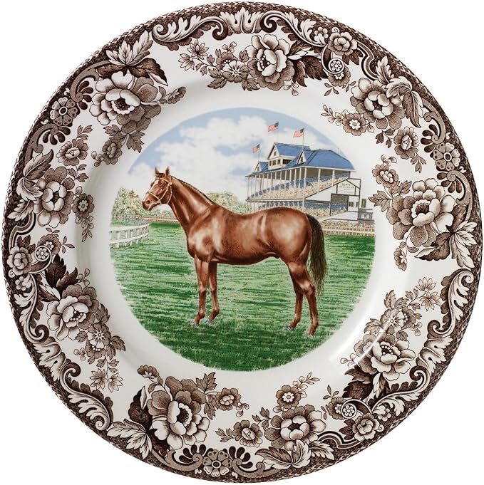 Spode Woodland Thoroughbred Horse 10.5" Dinner Plate - Fine Earthenware, Dishwasher & Microwave Safe, Made in England - Seasonal Dinnerware for Holiday Table Settings, Warm Oven Safe to 225°F