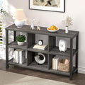 FOLUBAN 6 Cube Storage Organizer with Shelf, Wood and Metal Cubby Bookcase, Industrial Low Horizontal Bookshelf (Dark Grey, 47 Inch)