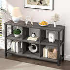 FOLUBAN 6 Cube Storage Organizer with Shelf, Wood and Metal Cubby Bookcase, Industrial Low Horizontal Bookshelf (Dark Grey, 47 Inch)