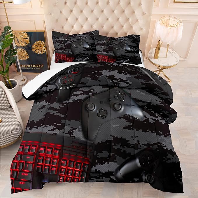 Tailor Shop Gaming Comforter Set Full Size for Boys, Black Camouflage Gamer Bedding Sets for Boys Kids Teenage, All Season 3 Piece Gaming Bed Set with 1 Comforter and 2 Matching Pillowcases…