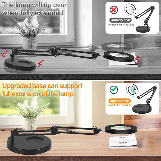 Magnifying Glass with Light and Stand,2-in-1 Lighted Magnifier Deskop lamp with Clamp,5X&10x Real Glass 3 Color Stepless Dimmable Magnifying Desk Lamp for Close Works Reading Crafts Hobby Soldering