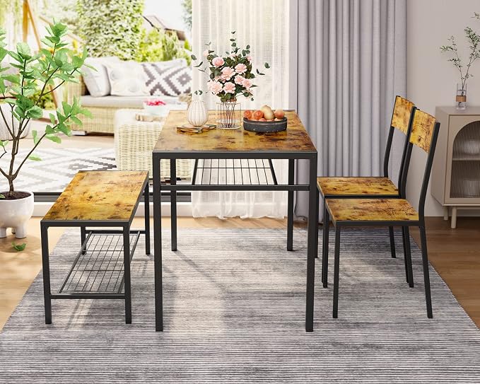 Gizoon 4-Piece Dining Table Set for 4, Kitchen Table with Bench Rustic | Space-saving rustic 4-piece dinette set with metal storage rack. Includes 2 ergonomic chairs and 1 bench. Easy to clean.