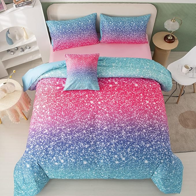 PERFEMET Girls Comforter Set Twin Size 6 Piece Bed in A Bag 3D Colorful Rainbow Bedding Comforter Sheet Set for Kids - (1 Comforter, 1 Flat Sheet, 1 Fitted Sheet, 2 Pillowcases, 1 Cushion Cover)