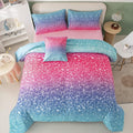 PERFEMET Girls Comforter Set Queen Size, 6 Piece Bed in A Bag, Colorful Rainbow Bedding Set with Comforter and Sheet, Gradient Pink Glitter Galaxy Bed Set for Teen Girls Kids Women, Blue Turquoise