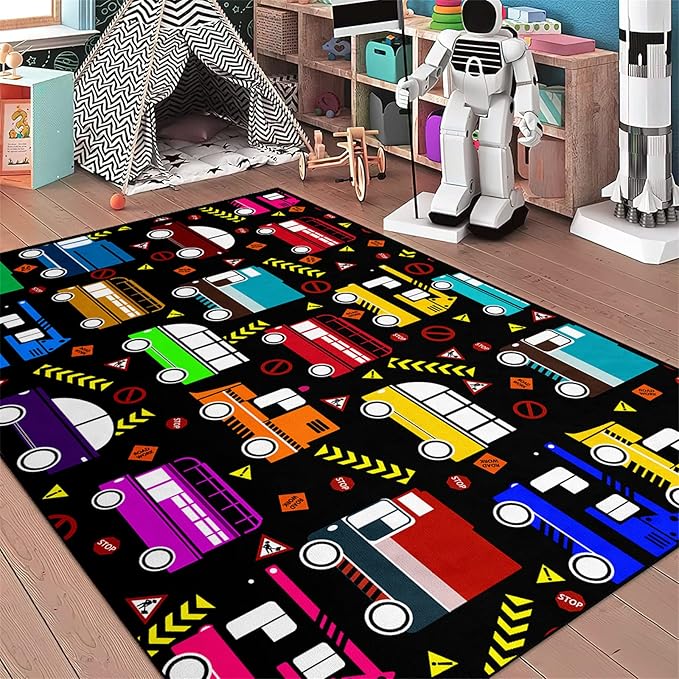 Car Play Mat Kids Rugs for Playroom Car Track Rug Kids Mat Construction Play Mat Car Play Rug Car Carpet for Kids Carpet for Bedroom Truck Rugs for Boys Room,Black 5'×7'