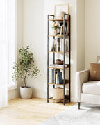 6-Tier Bookshelf, Narrow Bookcase with Open Shelves, Talll Book Shelf Coner Shelf for Living Room, Bedroom, Home Office, Study, Bathroom,11.5 x 15.7 x 72.6 Inches, Rustic Brown and Black