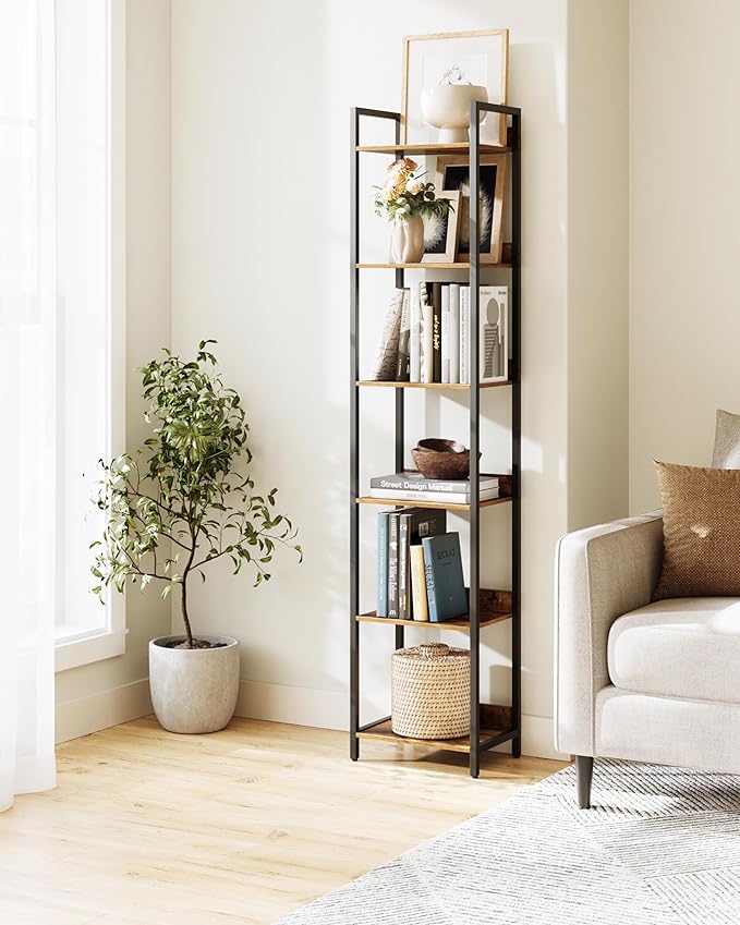 6-Tier Bookshelf, Narrow Bookcase with Open Shelves, Talll Book Shelf Coner Shelf for Living Room, Bedroom, Home Office, Study, Bathroom,11.5 x 15.7 x 72.6 Inches, Rustic Brown and Black