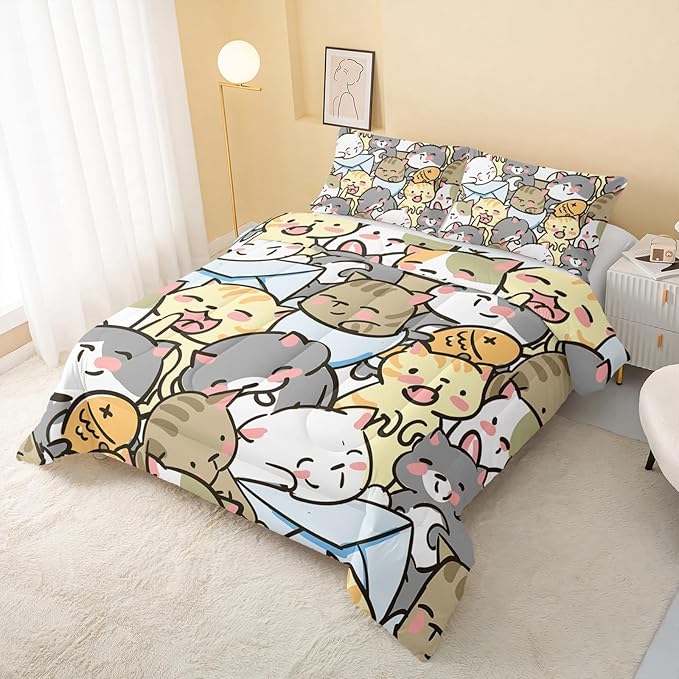 Kawaii Cat Comforter Twin Size,Cute Cat Comforter Set for Kids Teens Girls,3Pcs Bedding Set Printed Comforter with 2 Pillowcases,Down Alternative,Soft and Lightweight，Twin Size