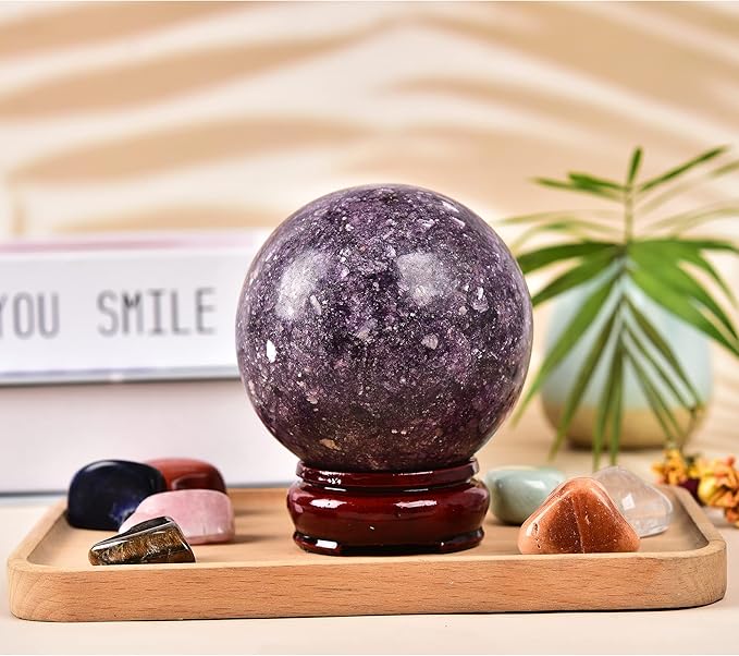 JIC Gem Deep Purple Lepidolite Sphere with Stand Natural Sparkling Lithia Mica Crystal Ball Brazil Mineral Gemstone (70-80mm)