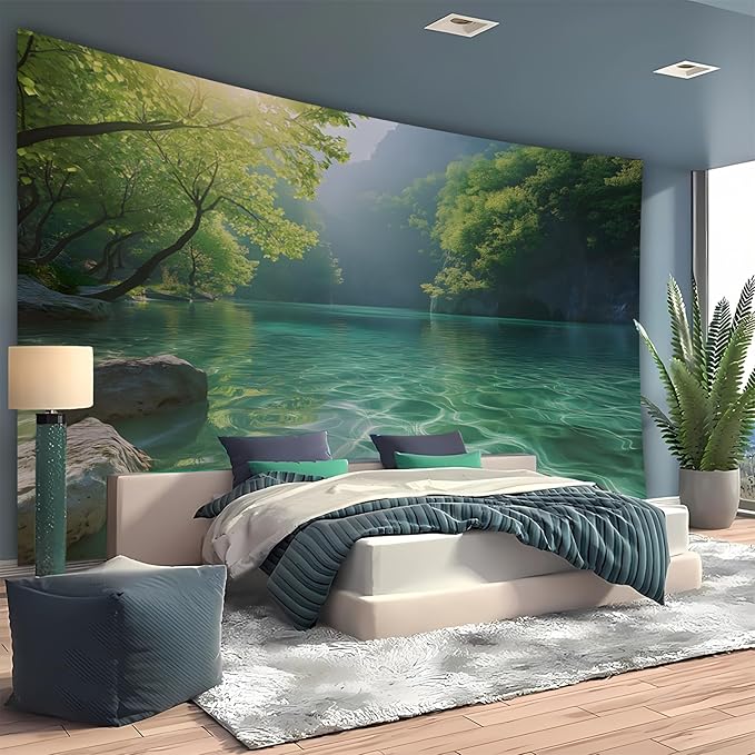 BSFHH Nature Tapestry Forest Tree Sea Cave Wall Hanging, Stream Through Rainforest Landscape Wall Art Tapestry for Bedroom Living room (Lake View, 110" × 87", Unframed)