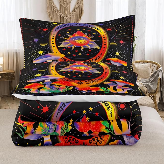 Tailor Shop Celestial Bedding Queen Size,Sun and Moon Bedding for Boys Girls Kids Teens, Mushroom Comforter Gothic Comforter Witchy Comforter Boho Exotic Black Bed with 2 Pillowcases