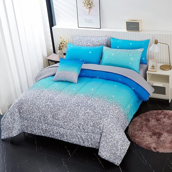 inron Aqua Glitter Comforter Sets for Girls Women,Full Size 5-Pieces Bed in a Bag Ultra Soft Microfiber Comforter and Sheet Sets, All Season Durable Bedding Set(Aqua,Full)