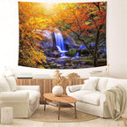 Delur Waterfall Tapestry Forest Nature Scenic Tree Mountain Sunset Tapestry Wall Hanging Natural Landscape Sunrise Headboard for Bedroom Living Room Home Decor (70.8" x 92.5")