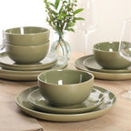 Gibson Home Rockaway 12 Piece Plates and Bowls Matte Outside/Shiny Inside Glaze Service for 4 Dinnerware Set - Green - Dishwasher and Microwave Safe