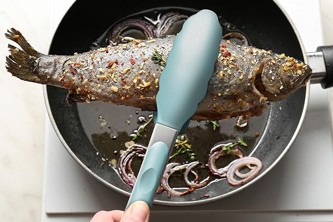 2 Pack Silicone Kitchen Tongs, 9 & 12 Inch, Stainless Steel, Aqua Sky