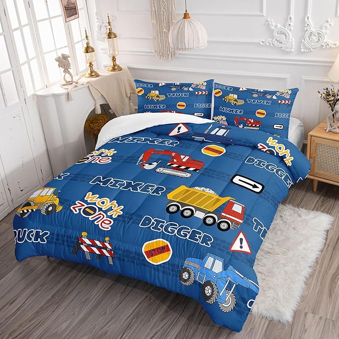 Kids Comforter Set Butterfly Printed Pattern Bedding Set with 1 Comforter and 2 Pillowcases for Girls Boys Bedroom All Season(Truck Queen)