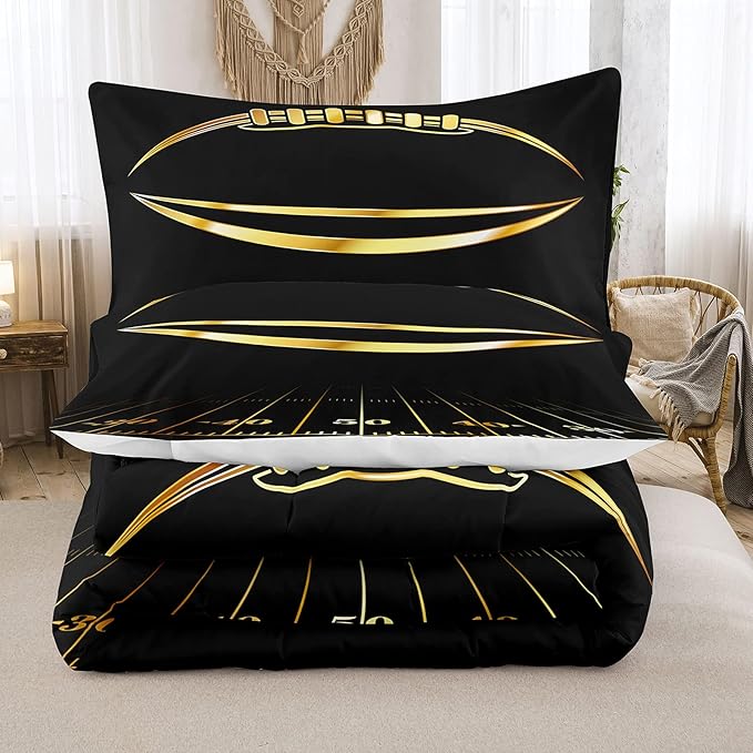 Bodhi Black and Gold Football Comforter Set Queen for Boys Kids Sport Comforter Football Bedding Set American Football Comforter with Pillowcase,Soft Football Quilt,Queen Size