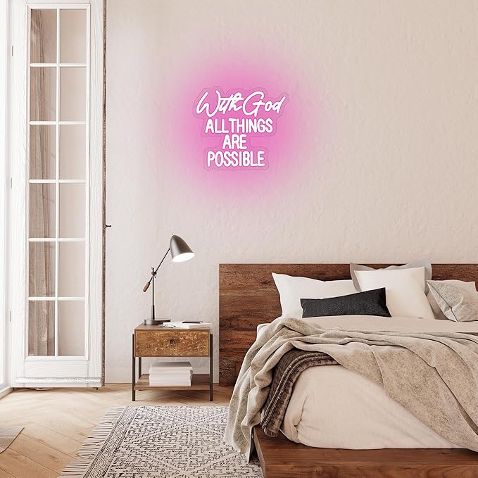 "With God All Things Are Possible" Neon Sign God Neon Light for Wall Decor Letter LED Neon Sign Pink LED Neon Light Dimmable Neon Signs for Bedroom Wedding Church Decoration