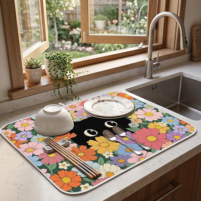 Black Cat Floral Dish Drying Mat for Kitchen Counter Coffee Bar 18x24 in | Non Slip Absorbent Kitchen Dishes Drainer Mat, with Anti-slip Rubber Backing & Hanging Loop, Decor for Sink, Cat Theme Gifts