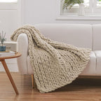 WESHIONGOO Chunky Knit Blanket Throw 40"×40" Knitted Throw Blankets for Couch Bed Fluffy Soft Blanket with Jumbo Chenille Yarn Thick 100% Handmade (Linen)
