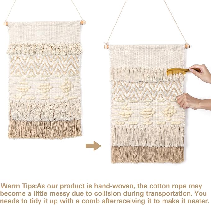 Dremisland Macrame Woven Wall Hanging Home Decor Bohemian Beige Geometric Wave Art Decor with Wool Ball and Tassle-Elegant Apartment Bedroom Dorm Room Door Decoration, 15.7" W x 22" L (Beige Wool Ball)