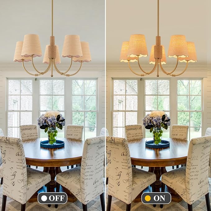 Boho Rattan Chandelier with Fabric Shade, Antique Gold Brass Farmhouse Chandeliers, 5-Lights Coastal Gold Pendant Light Fixtures for Dining Room Kitchen Island Living Room Hemp Rope