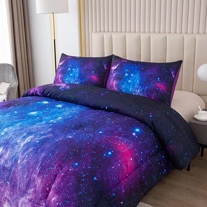 NINENINE Galaxy Bedding 5PCS Twin Size Comforter Sets for Girls Purple Bedding Set Bed in a Bag Space Bedding Set(1Comforter, 1Flat Sheet, 1Fitted Sheet, 2Pillowcases)…