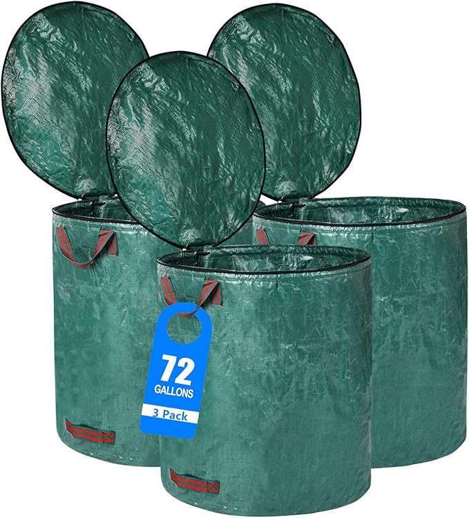 3 Pack 72 Gallons Reusable Yard Waste Bags with Lid Extra Large Lawn Leaf Bags Heavy Duty with 4 Handles Garden Waste Bags Container for Clean Up Outdoor Debris Leaves Grass Clippings